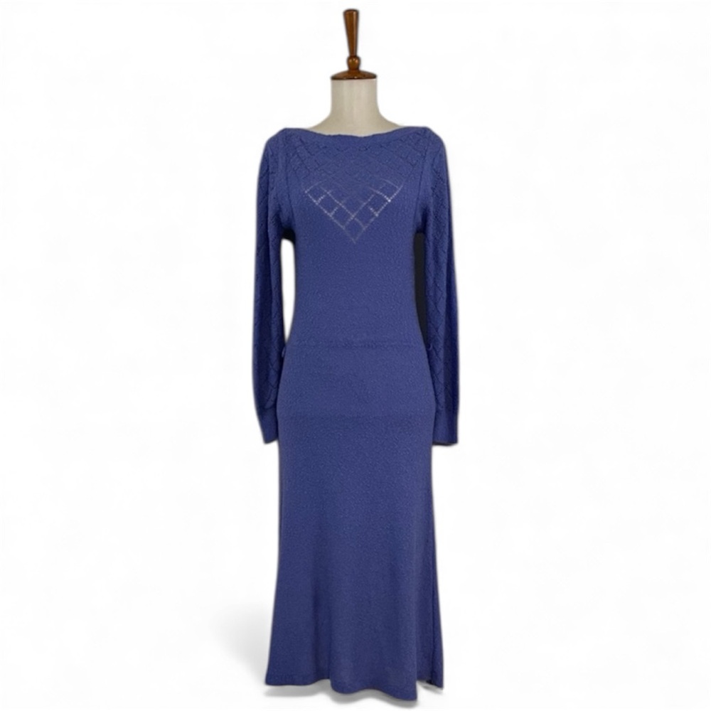 Vintage Knit Dress Women's M Petite Long Sleeve‎ Bouclé Midi Boat Neck